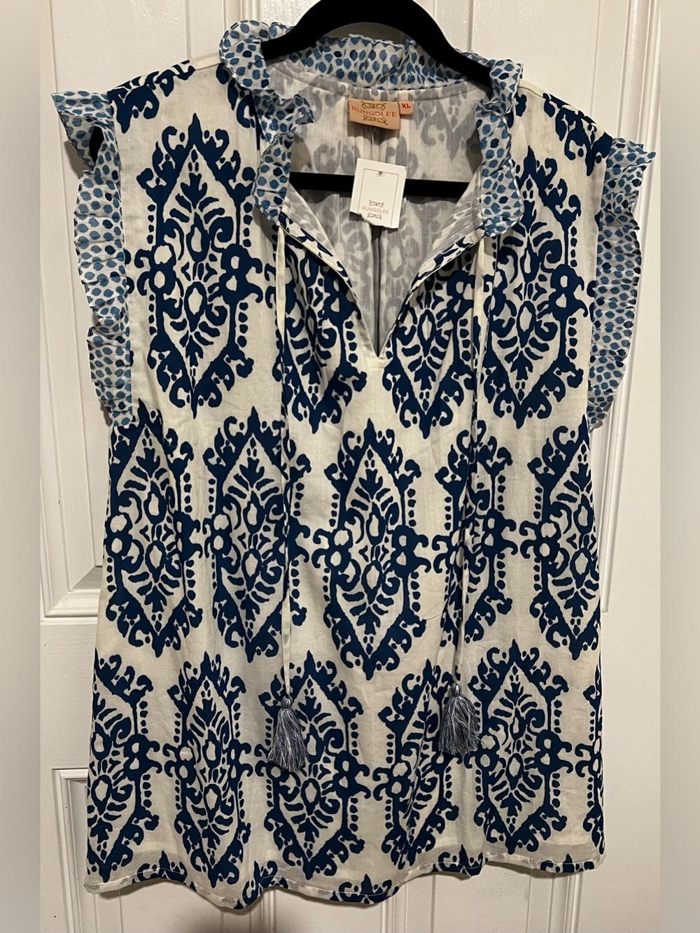NEW! Rungolee Francesca 100% Cotton Blouse Damask Floral Blue Sz XL / MSRP $189